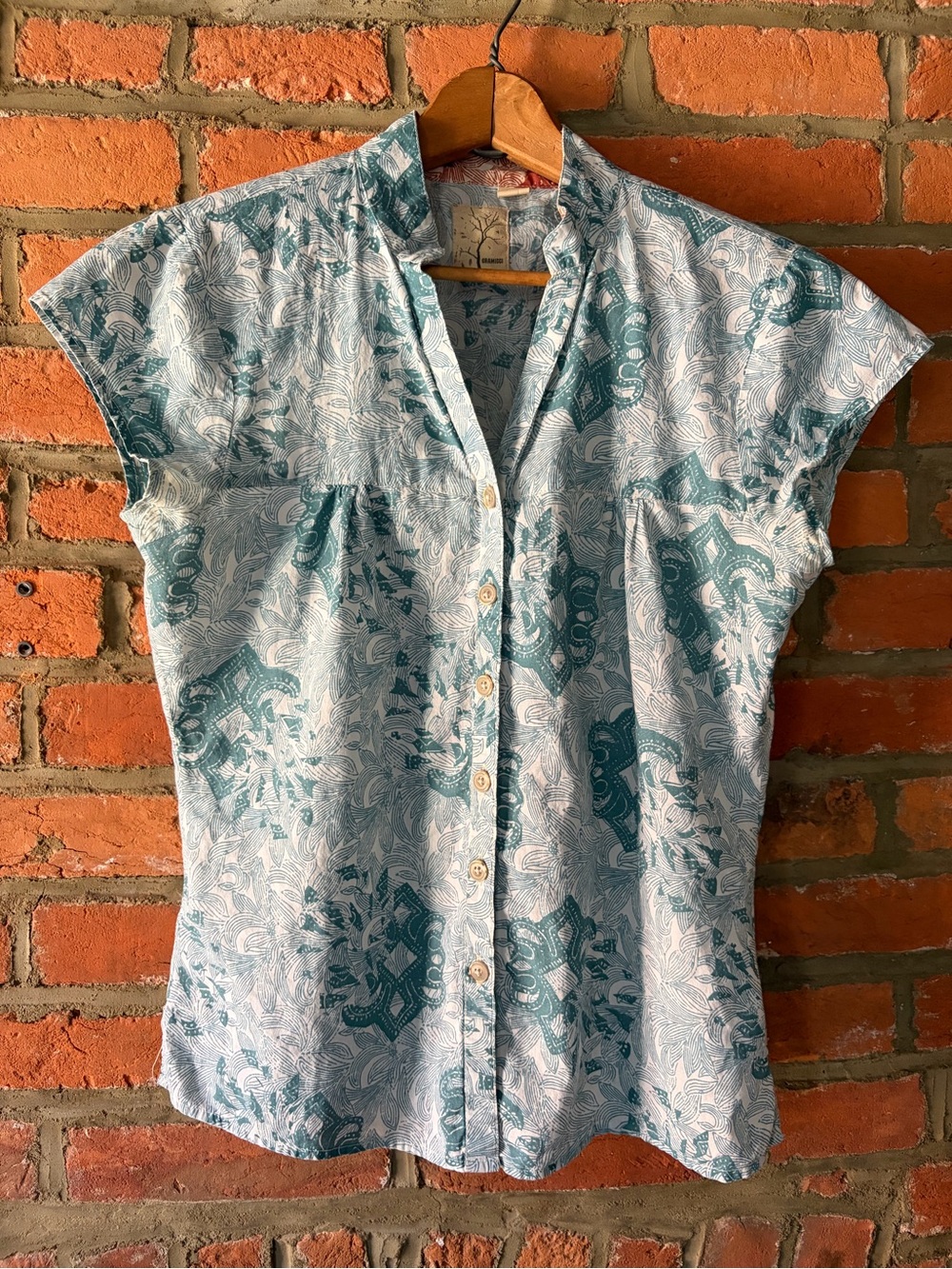 Gramicci Ivory/Teal Print Short Sleeve Shirt, size S